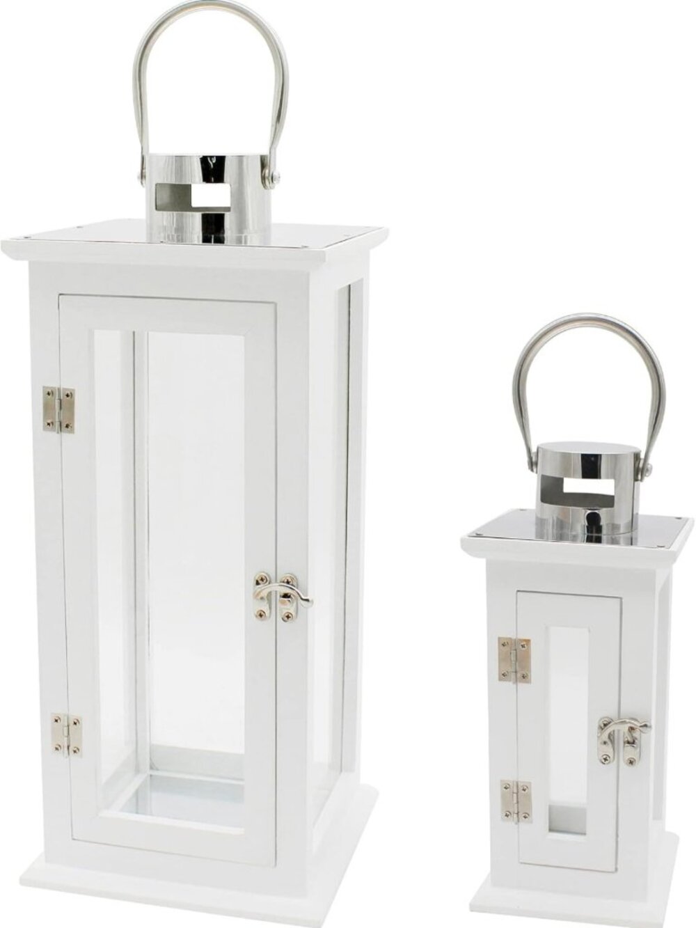 Elegant Wood Hurricane Candle Lanterns, Set of 2 - Stainless Top & Glass Inserts